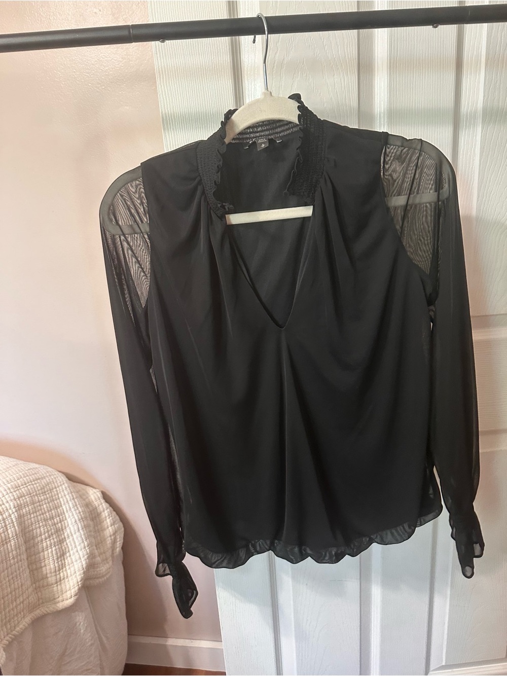Express Black Sheer Long-Sleeve V-Neck Blouse with Ruffle Mock Collar